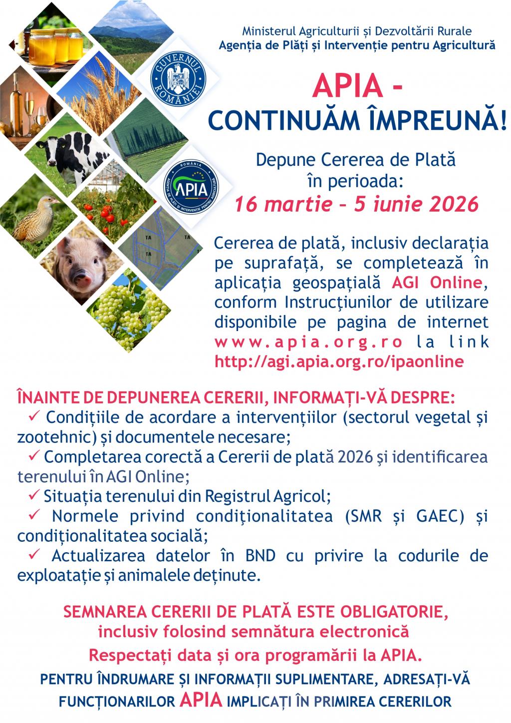 INFORMARE APIA - Centrul Județean Arad privind inițierea campaniei de depunere a cererilor de plată în perioada 16 martie - 05 iunie 2026